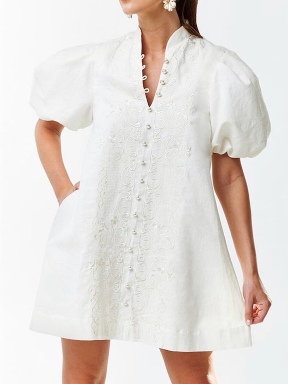 White Embroidered Puff-Sleeve Mini Dress